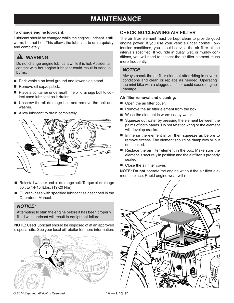 Maintenance | Baja Motorsports MB200 Operator's Manual User Manual | Page 14 / 44