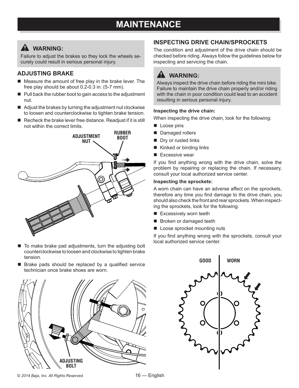 Maintenance | Baja Motorsports MB200 Operator's Manual User Manual | Page 16 / 44