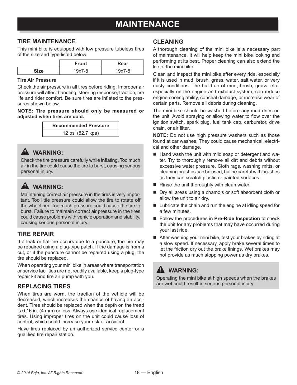 Maintenance | Baja Motorsports MB200 Operator's Manual User Manual | Page 18 / 44