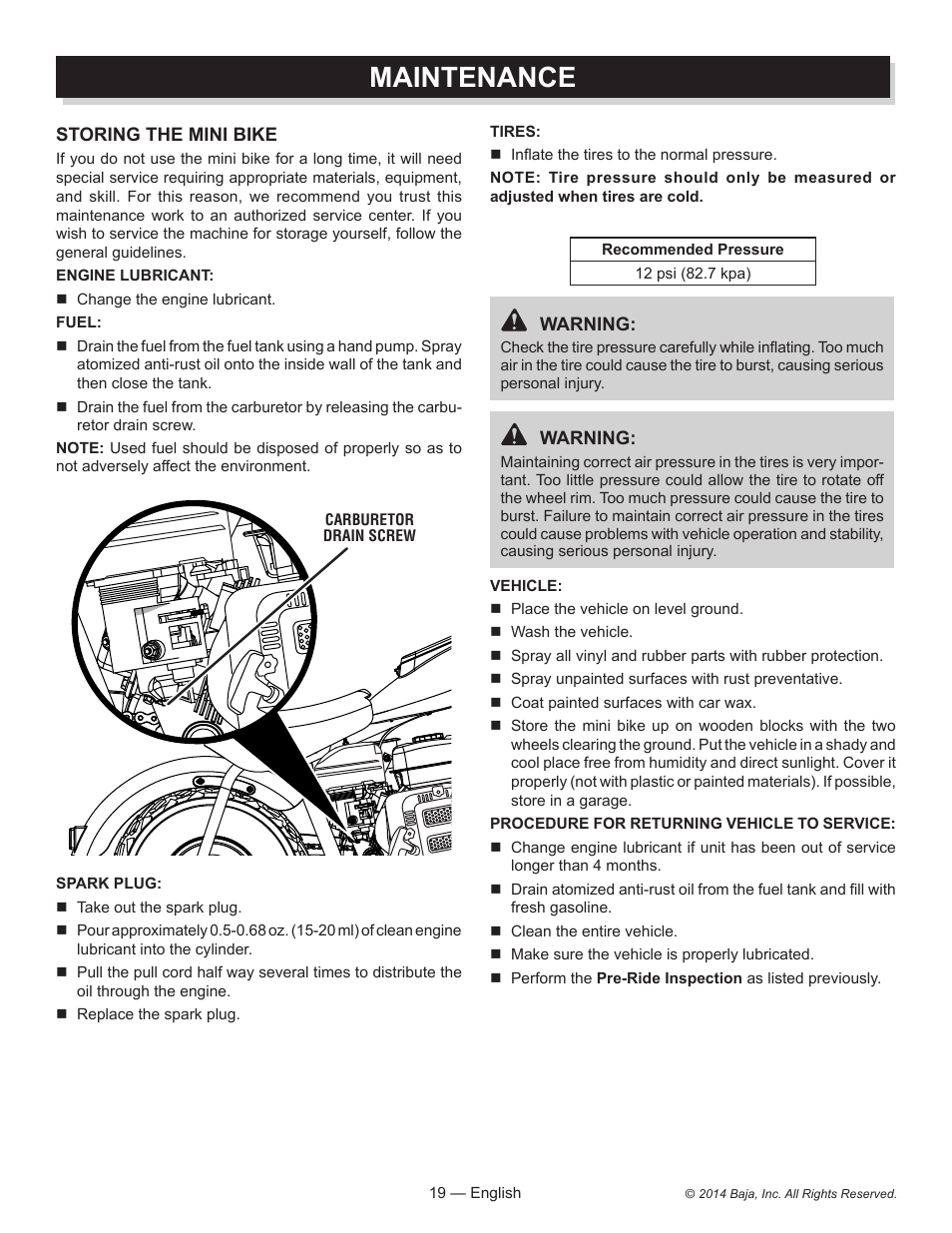 Maintenance | Baja Motorsports MB200 Operator's Manual User Manual | Page 19 / 44