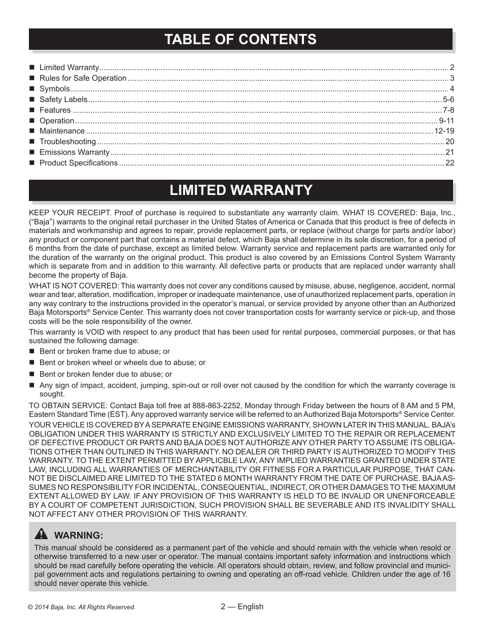 Baja Motorsports MB200 Operator's Manual User Manual | Page 2 / 44