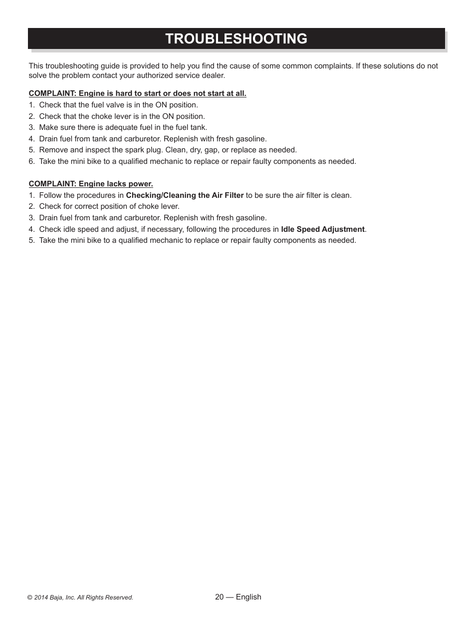 Troubleshooting | Baja Motorsports MB200 Operator's Manual User Manual | Page 20 / 44
