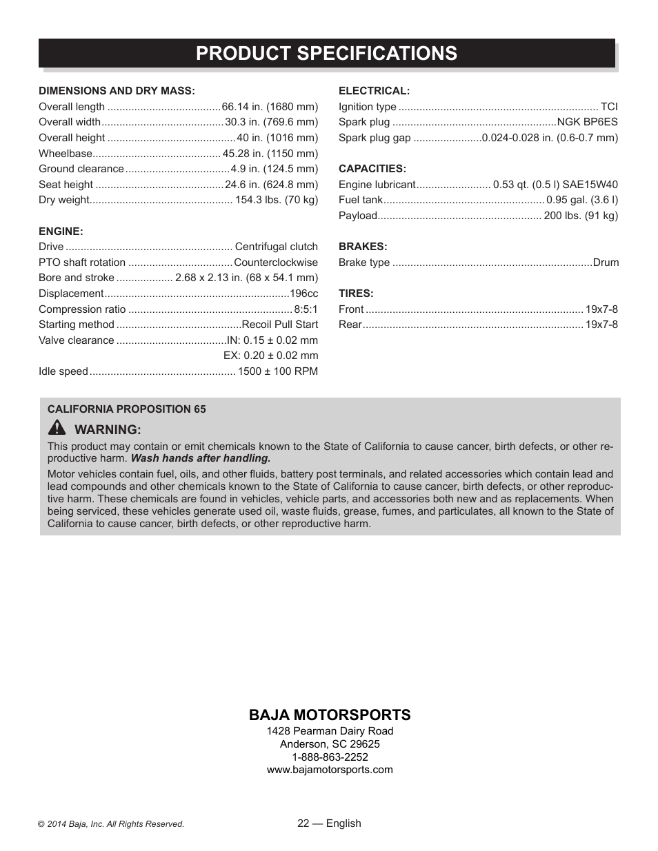 Product specifications, Baja motorsports | Baja Motorsports MB200 Operator's Manual User Manual | Page 22 / 44