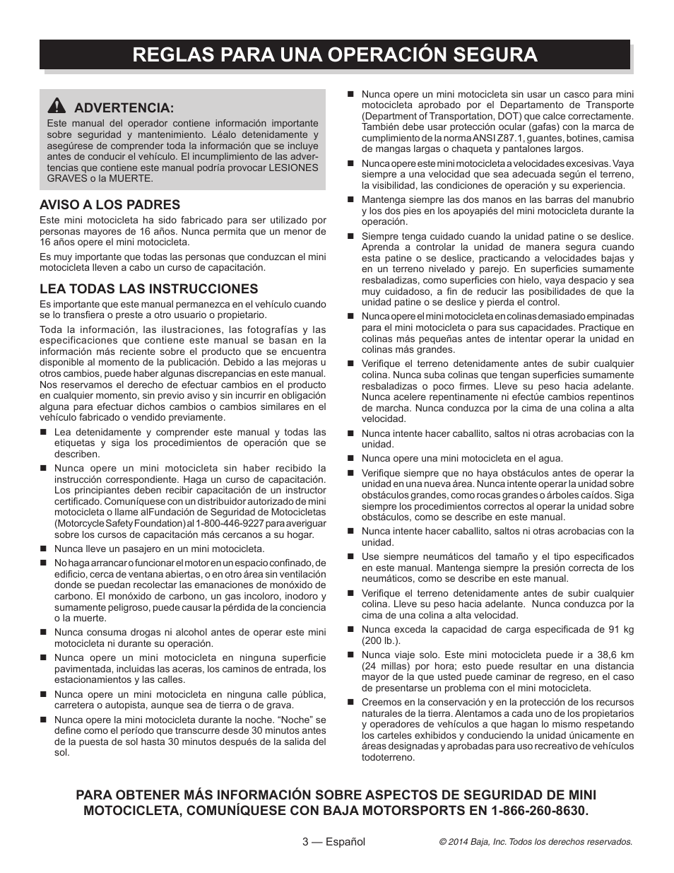 Reglas para una operación segura, Advertencia, Aviso a los padres | Lea todas las instrucciones | Baja Motorsports MB200 Operator's Manual User Manual | Page 24 / 44