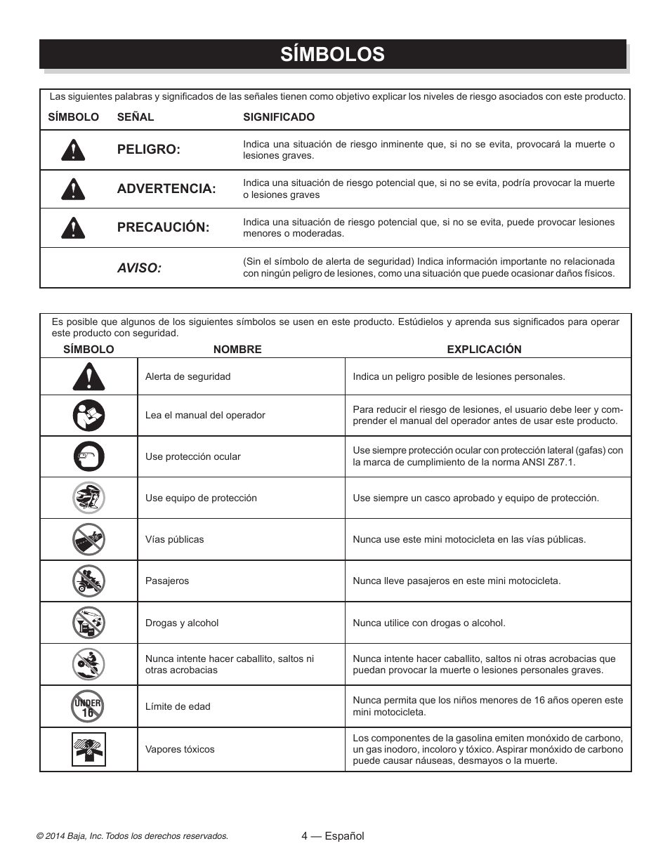 Símbolos, Peligro, Advertencia | Precaución, Aviso | Baja Motorsports MB200 Operator's Manual User Manual | Page 25 / 44