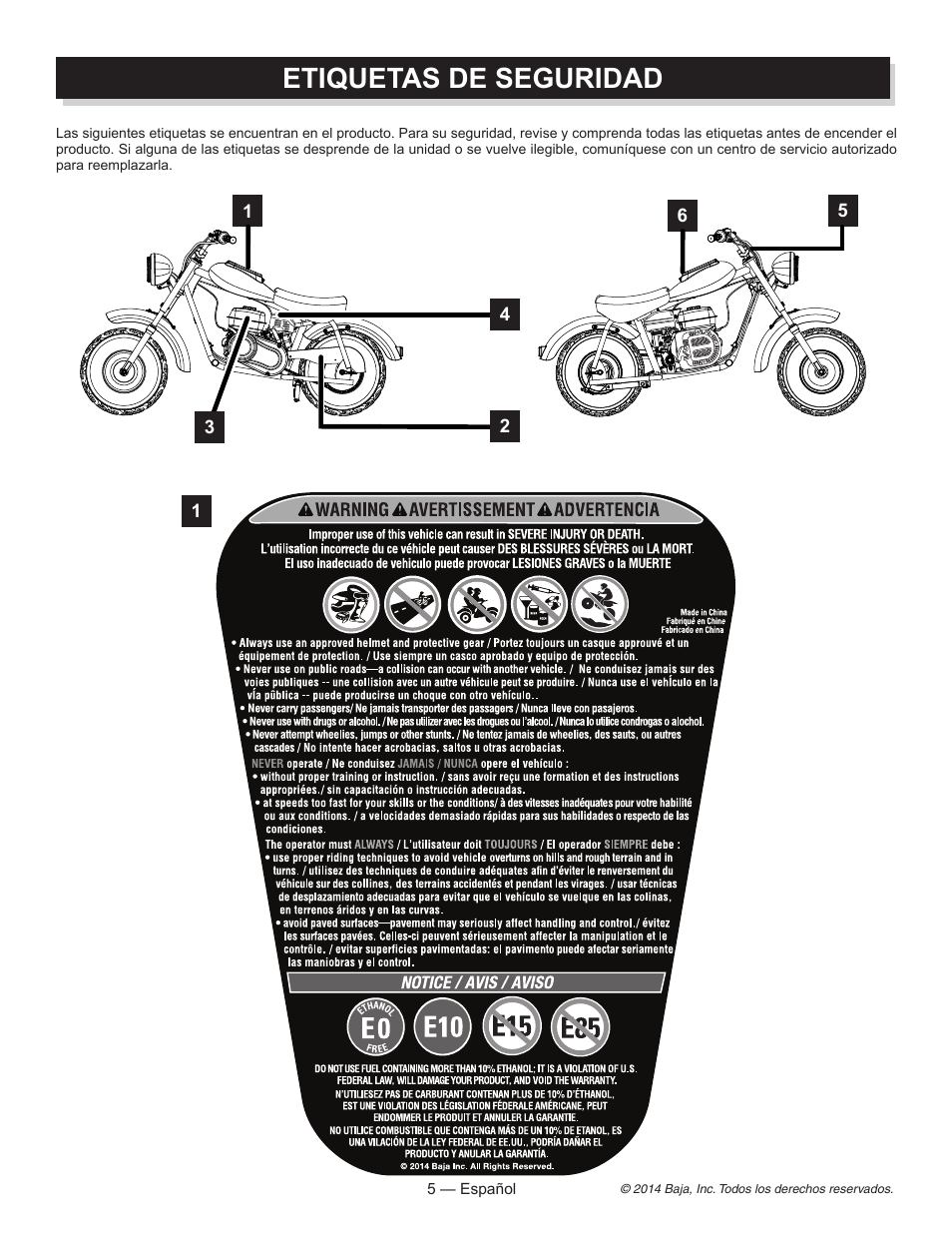 Etiquetas de seguridad | Baja Motorsports MB200 Operator's Manual User Manual | Page 26 / 44