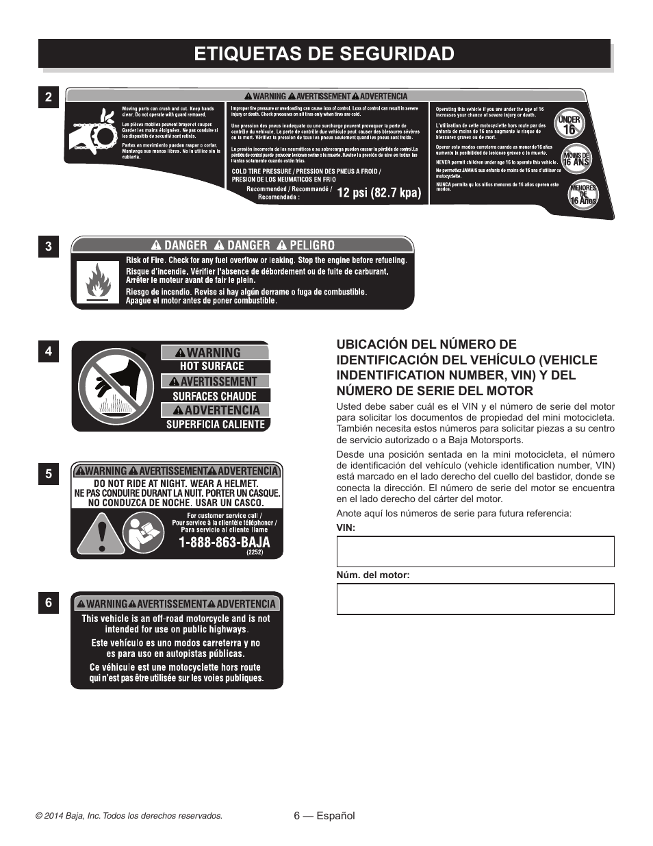 Etiquetas de seguridad | Baja Motorsports MB200 Operator's Manual User Manual | Page 27 / 44