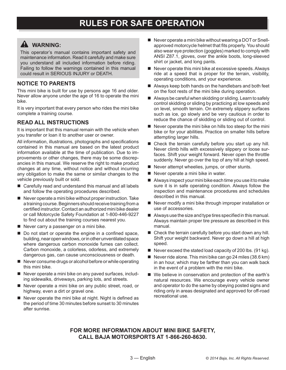 Rules for safe operation | Baja Motorsports MB200 Operator's Manual User Manual | Page 3 / 44
