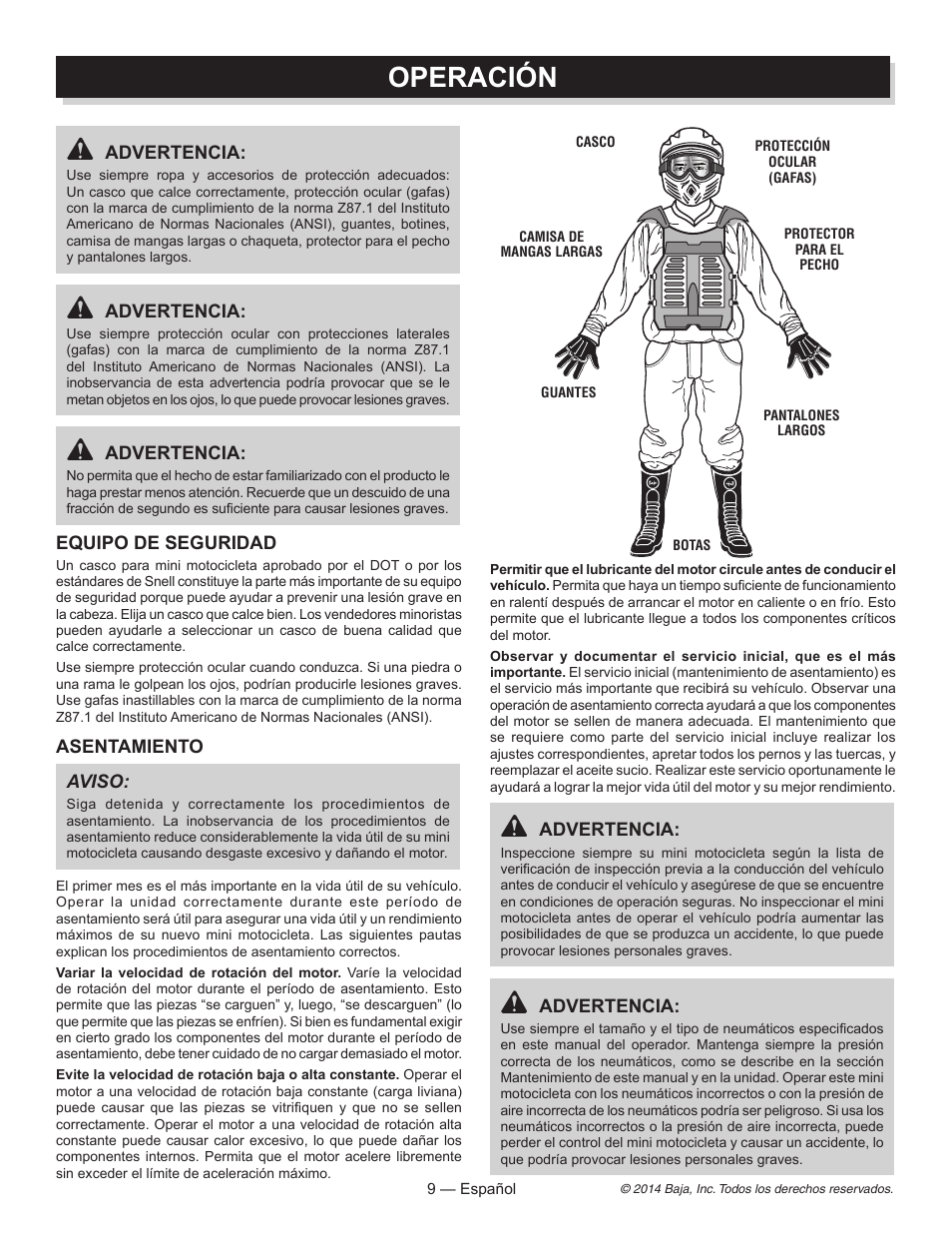 Operación, Advertencia, Equipo de seguridad | Asentamiento aviso | Baja Motorsports MB200 Operator's Manual User Manual | Page 30 / 44