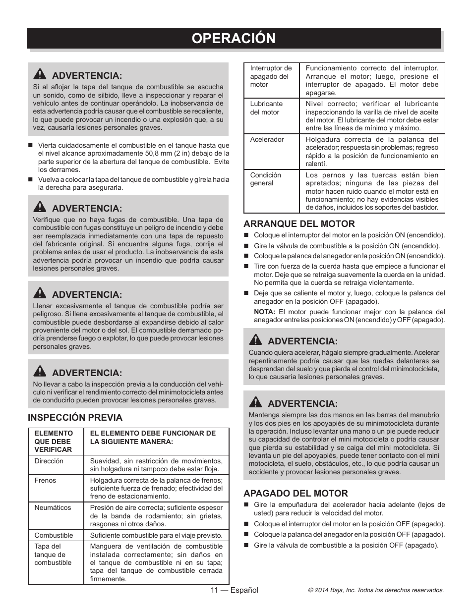Operación, Advertencia, Inspección previa | Arranque del motor, Apagado del motor | Baja Motorsports MB200 Operator's Manual User Manual | Page 32 / 44