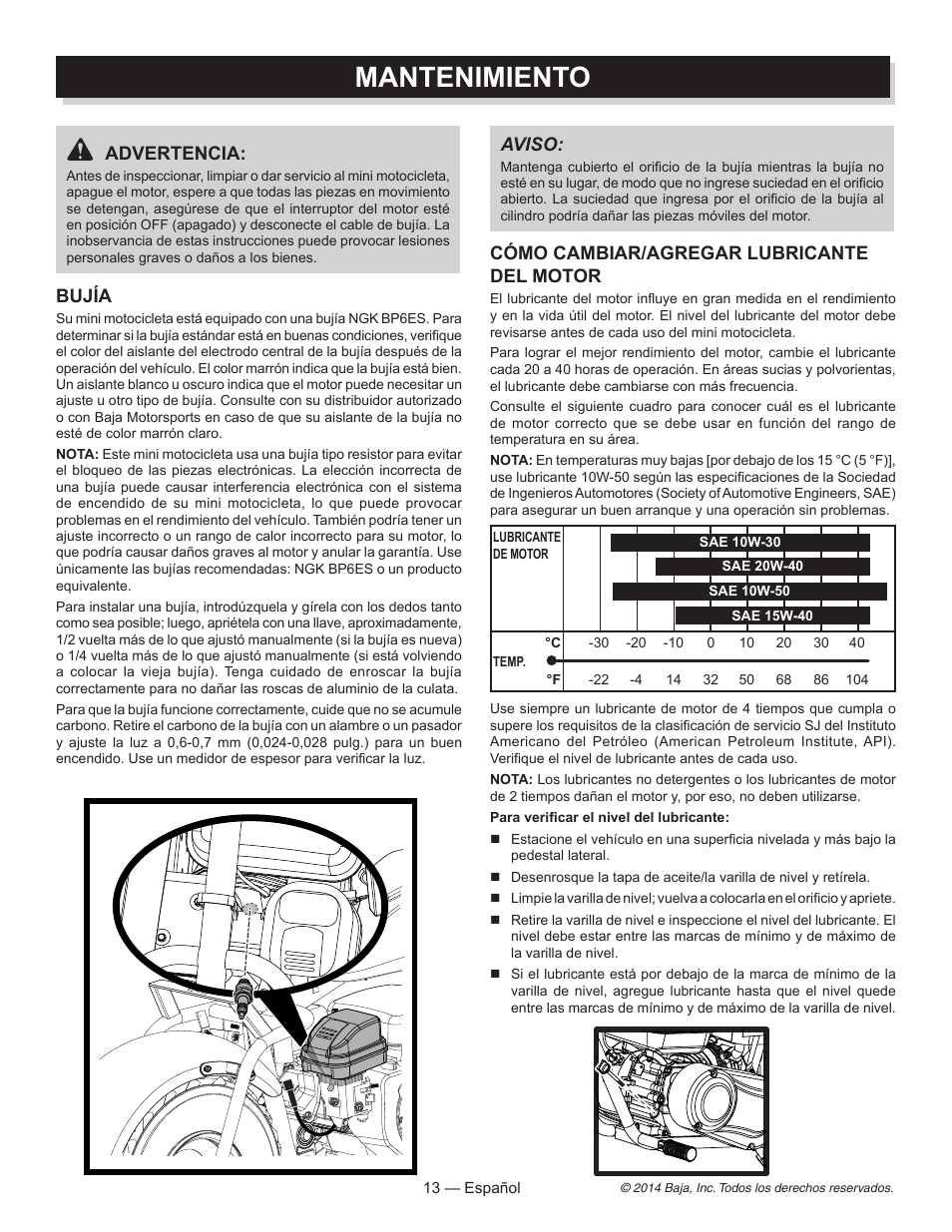 Mantenimiento, Advertencia, Bujía | Aviso, Cómo cambiar/agregar lubricante del motor | Baja Motorsports MB200 Operator's Manual User Manual | Page 34 / 44