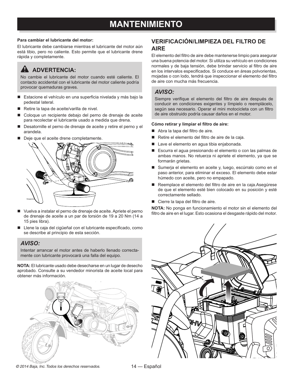 Mantenimiento, Verificación/limpieza del filtro de aire, Aviso | Advertencia | Baja Motorsports MB200 Operator's Manual User Manual | Page 35 / 44