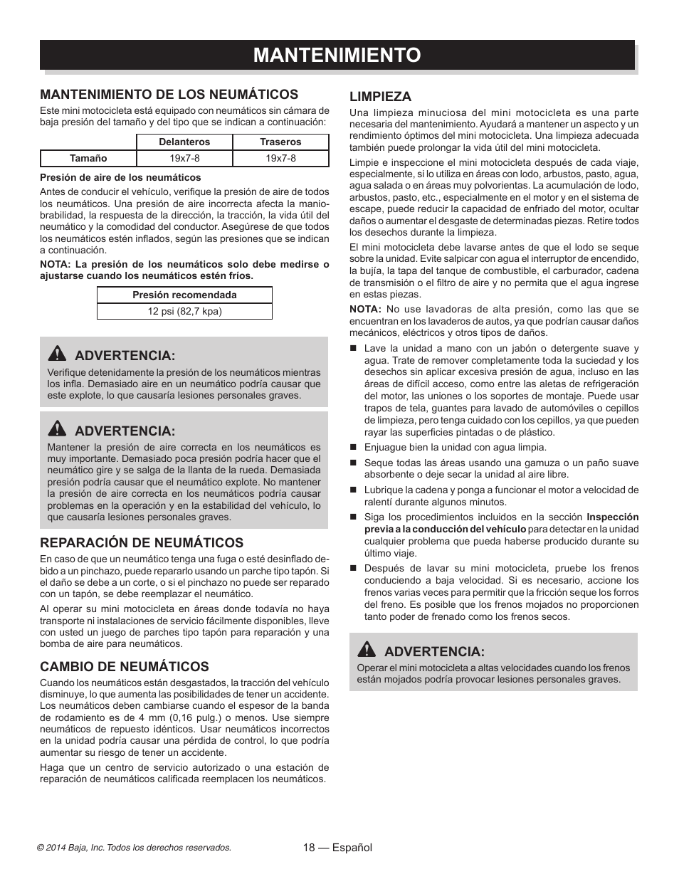 Mantenimiento, Limpieza, Advertencia | Mantenimiento de los neumáticos, Reparación de neumáticos, Cambio de neumáticos | Baja Motorsports MB200 Operator's Manual User Manual | Page 39 / 44