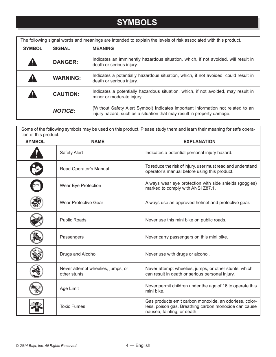 Symbols | Baja Motorsports MB200 Operator's Manual User Manual | Page 4 / 44