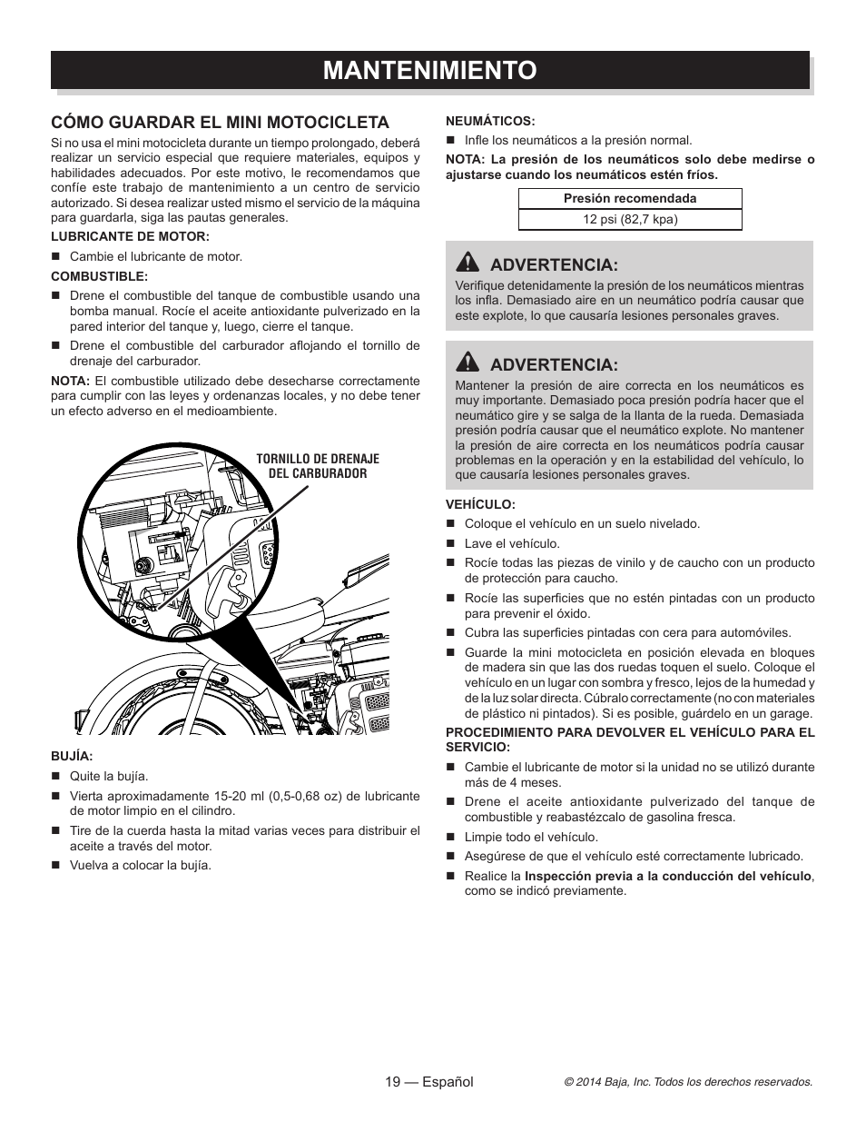 Mantenimiento, Advertencia, Cómo guardar el mini motocicleta | Baja Motorsports MB200 Operator's Manual User Manual | Page 40 / 44