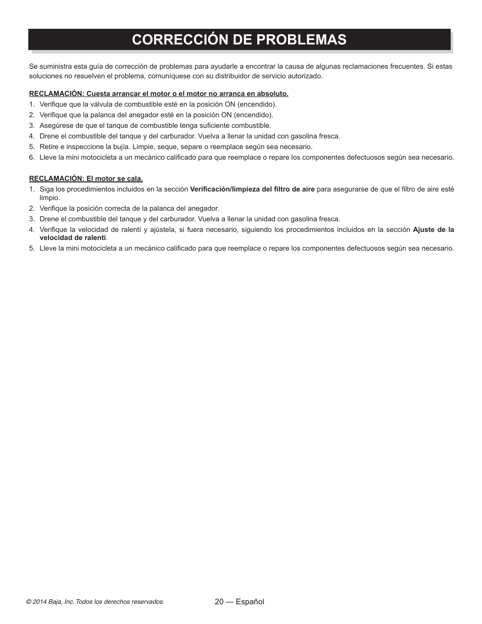 Corrección de problemas | Baja Motorsports MB200 Operator's Manual User Manual | Page 41 / 44