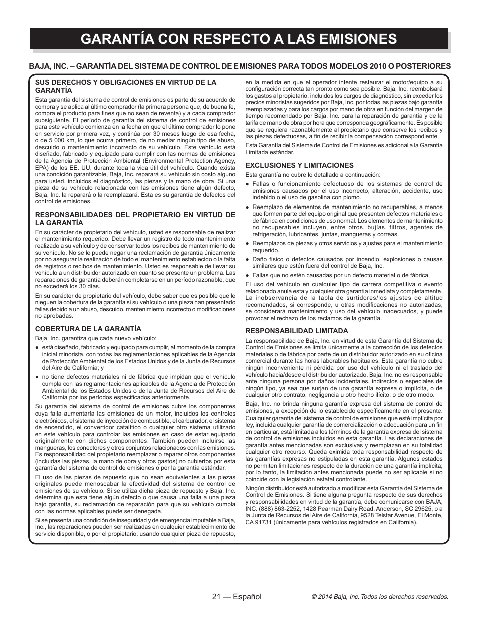 Garantía con respecto a las emisiones | Baja Motorsports MB200 Operator's Manual User Manual | Page 42 / 44