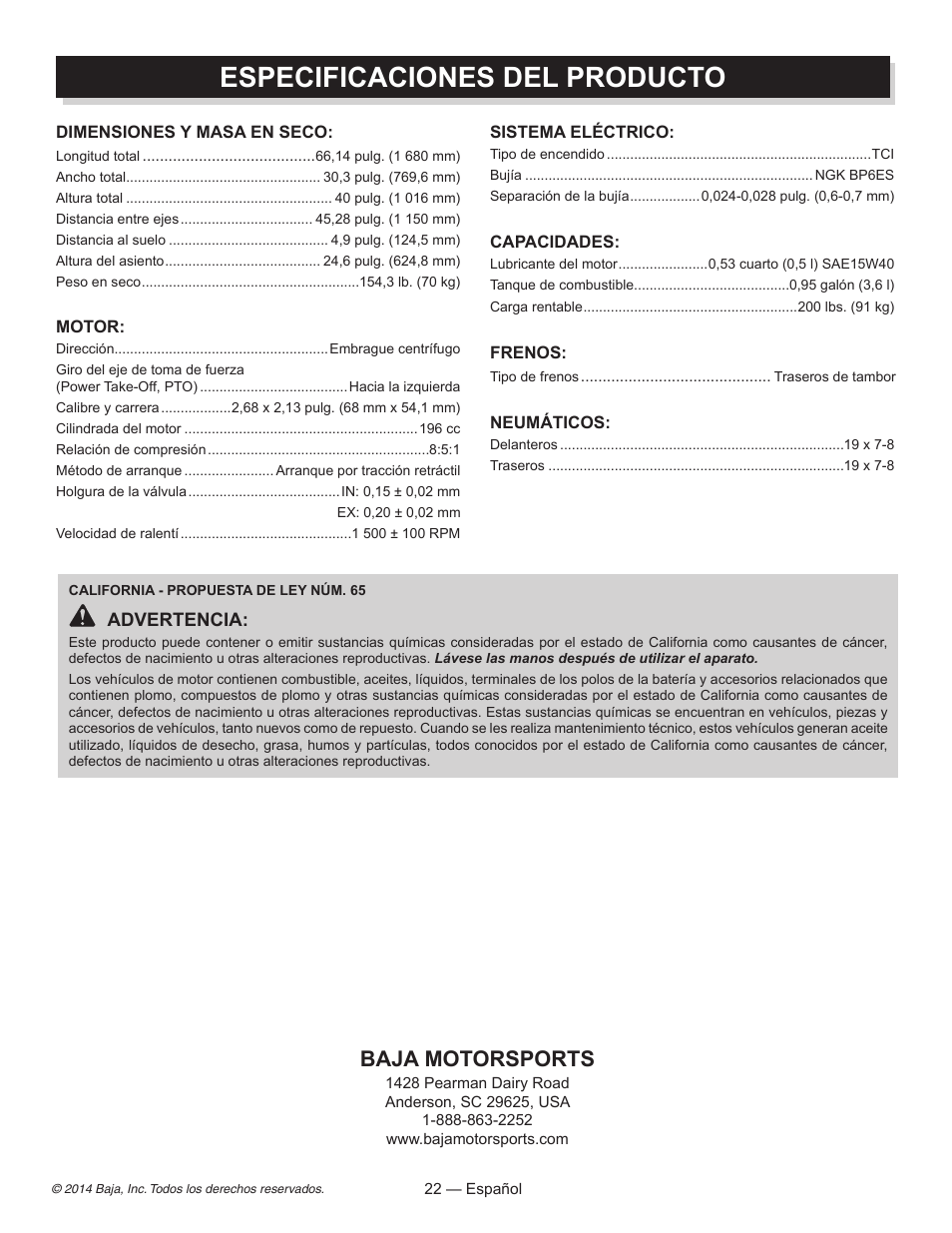 Especificaciones del producto, Baja motorsports | Baja Motorsports MB200 Operator's Manual User Manual | Page 43 / 44