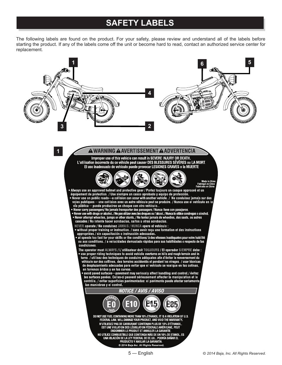 Safety labels | Baja Motorsports MB200 Operator's Manual User Manual | Page 5 / 44