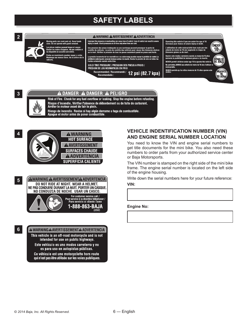 Safety labels | Baja Motorsports MB200 Operator's Manual User Manual | Page 6 / 44