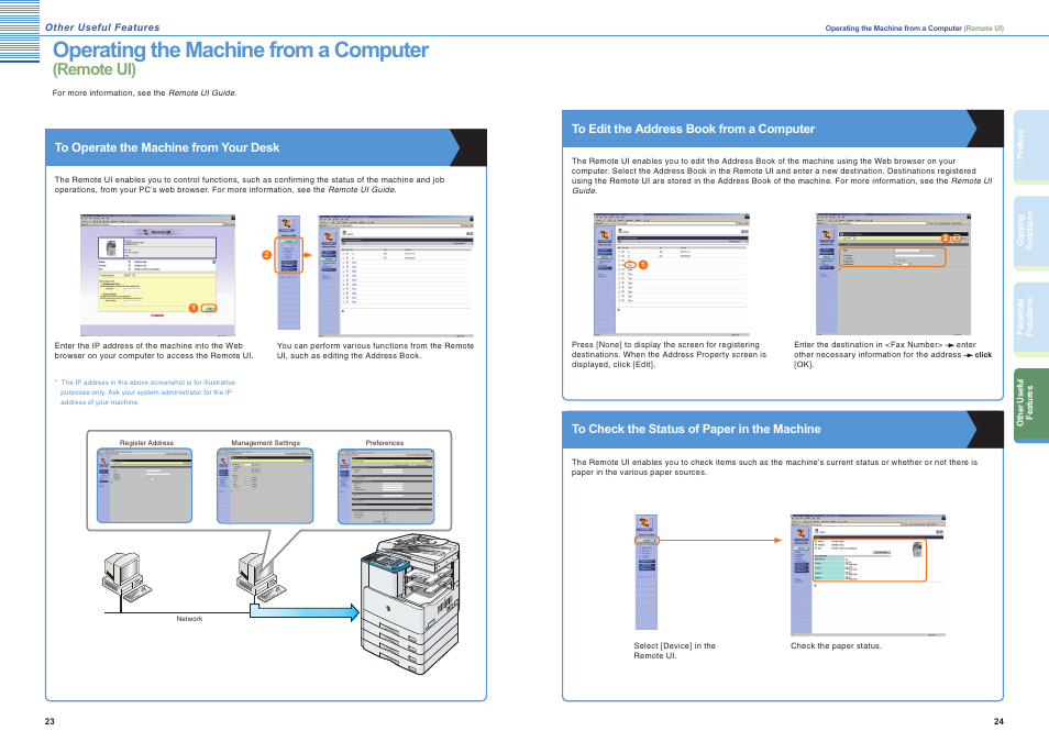 Other useful features, Operating the machine from a computer (remote ui), To operate the machine from your desk | To edit the address book from a computer, To check the status of paper in the machine, Operating the machine from a computer, Remote ui) | Canon iR 2018 User Manual | Page 13 / 17