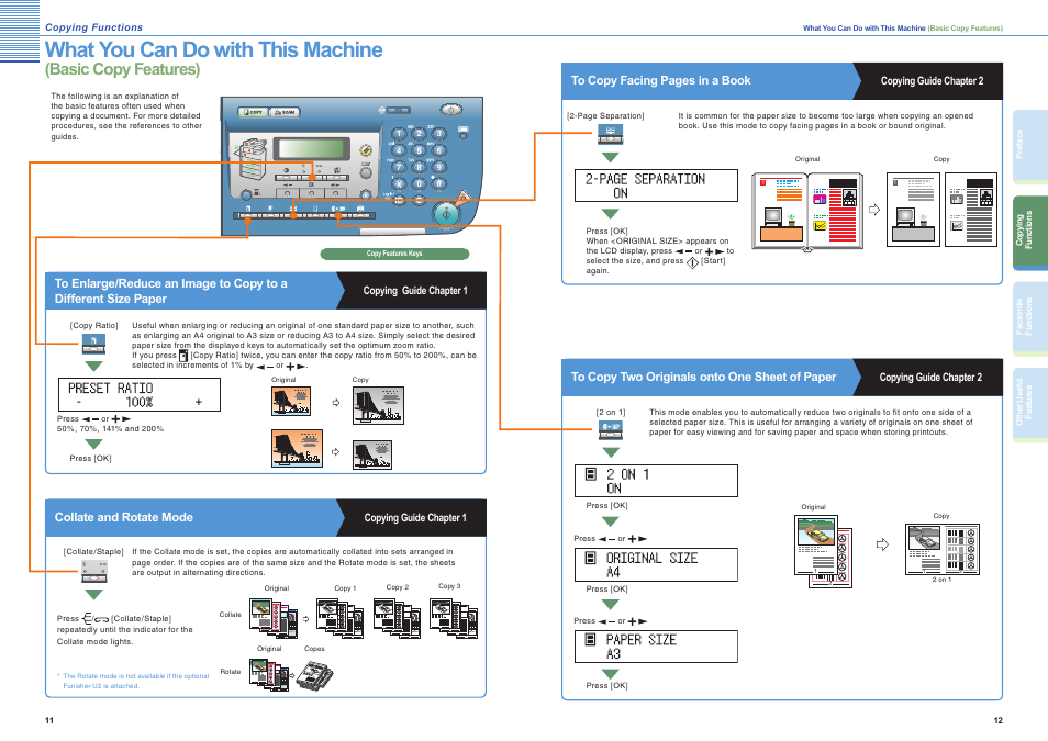 Collate and rotate mode, To copy two originals onto one sheet of paper, What you can do with this machine | Basic copy features), To enlarge/reduce an image to copy to a different, Copying guide chapter 1, Copying guide chapter 2 | Canon iR 2018 User Manual | Page 7 / 17