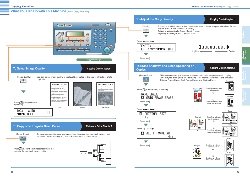 To select image quality, To copy onto irregular sized paper, To adjust the copy density | To erase shadows and lines appearing on copies, What you can do with this machine | Canon iR 2018 User Manual | Page 8 / 17