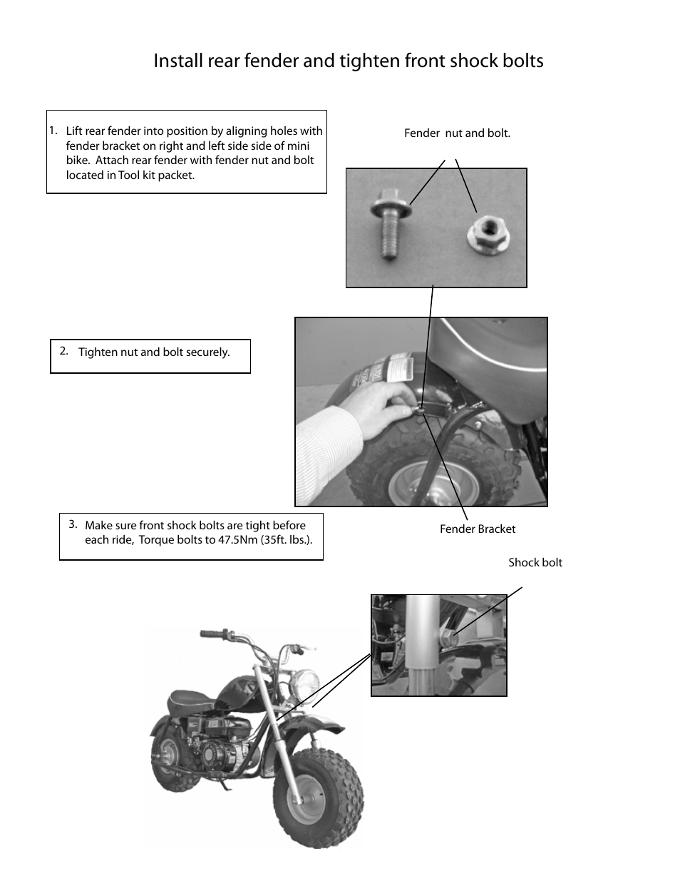 Install rear fender and tighten front shock bolts | Baja Motorsports MB165 Assembly Guide User Manual | Page 3 / 4