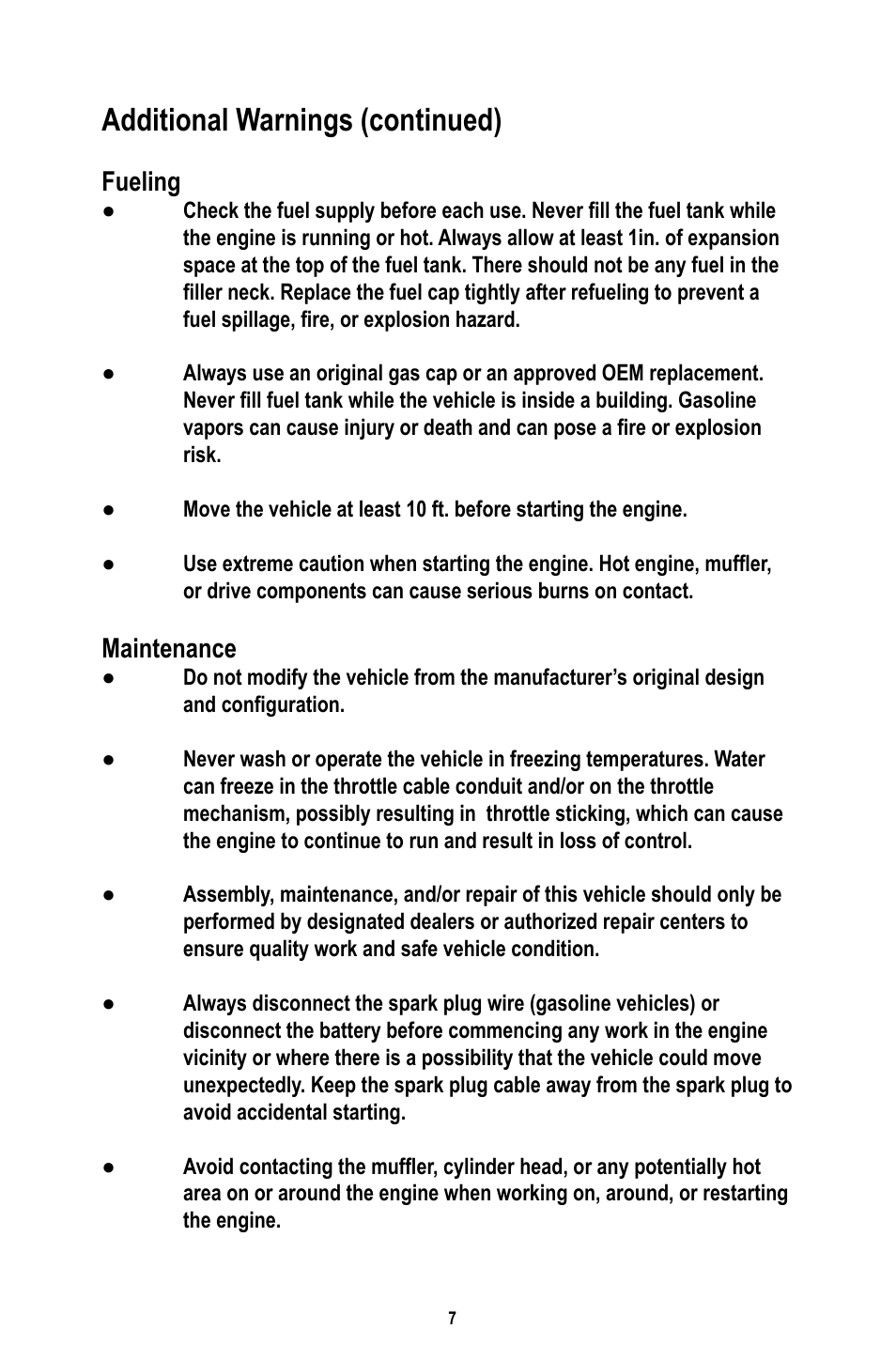 Additional warnings (continued), Fueling, Maintenance | Baja Motorsports RT50-R Operator's Manual User Manual | Page 10 / 45