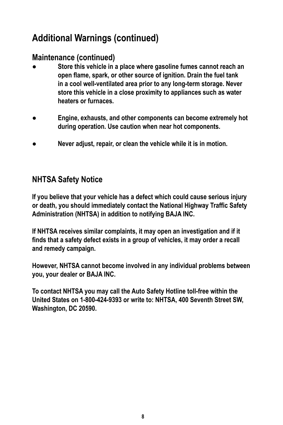 Additional warnings (continued), Maintenance (continued), Nhtsa safety notice | Baja Motorsports RT50-R Operator's Manual User Manual | Page 11 / 45