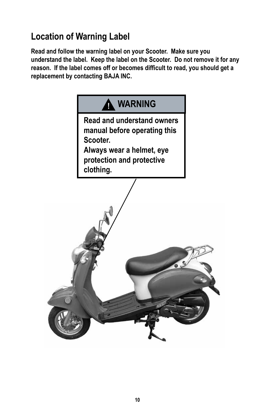 Location of warning label warning | Baja Motorsports RT50-R Operator's Manual User Manual | Page 13 / 45