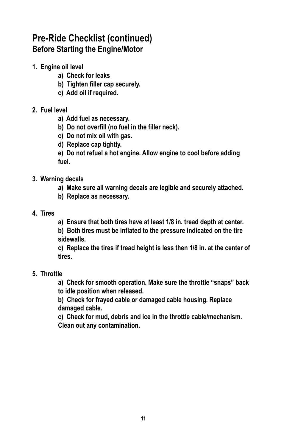 Pre-ride checklist (continued), Before starting the engine/motor | Baja Motorsports RT50-R Operator's Manual User Manual | Page 14 / 45