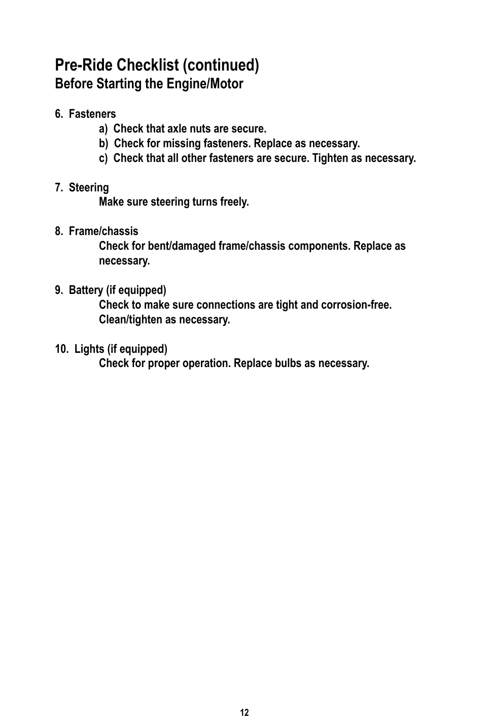 Pre-ride checklist (continued), Before starting the engine/motor | Baja Motorsports RT50-R Operator's Manual User Manual | Page 15 / 45