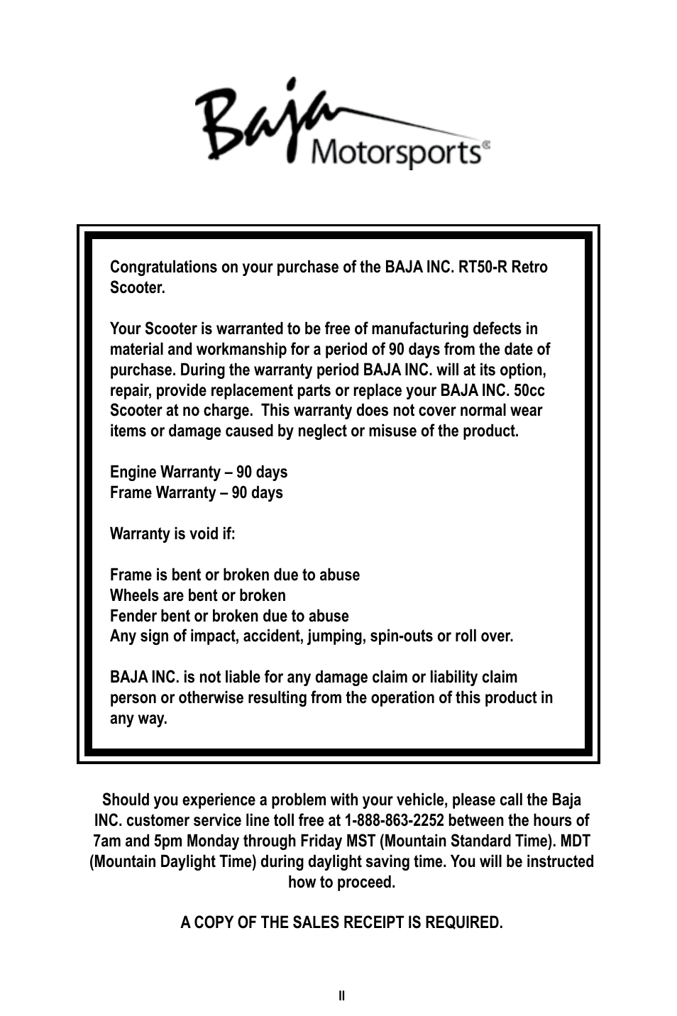 Baja Motorsports RT50-R Operator's Manual User Manual | Page 2 / 45