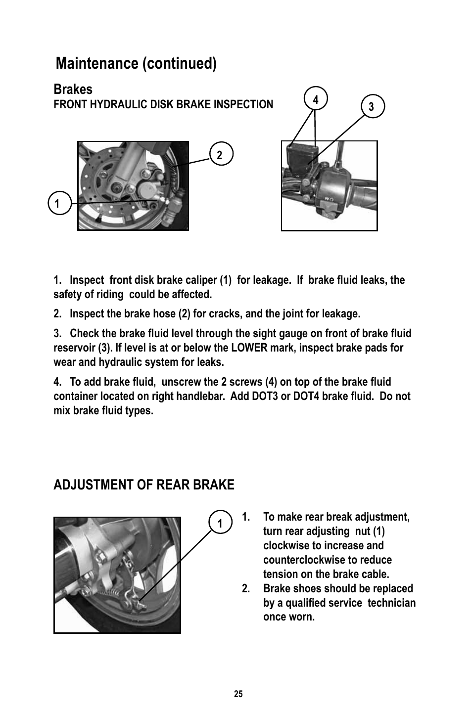 Maintenance (continued), Adjustment of rear brake, Brakes | Baja Motorsports RT50-R Operator's Manual User Manual | Page 28 / 45