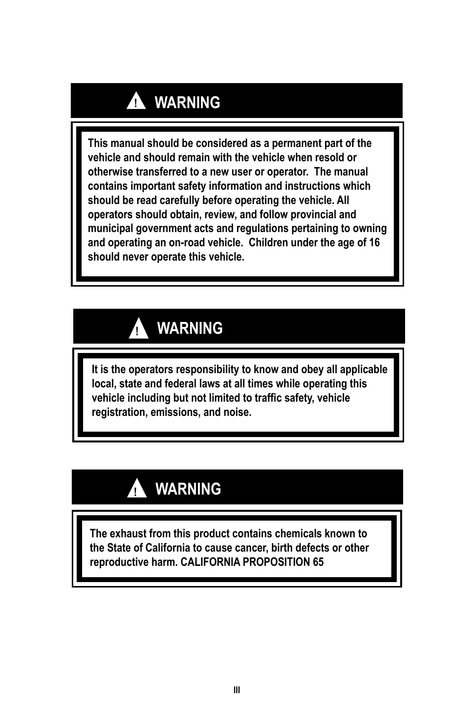 Warning | Baja Motorsports RT50-R Operator's Manual User Manual | Page 3 / 45