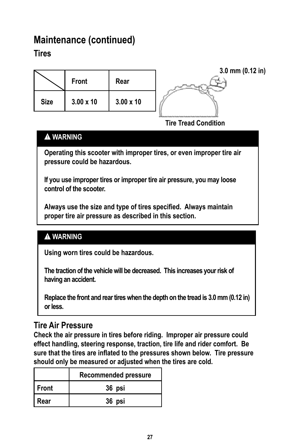 Maintenance (continued), Tires, Tire air pressure | Baja Motorsports RT50-R Operator's Manual User Manual | Page 30 / 45
