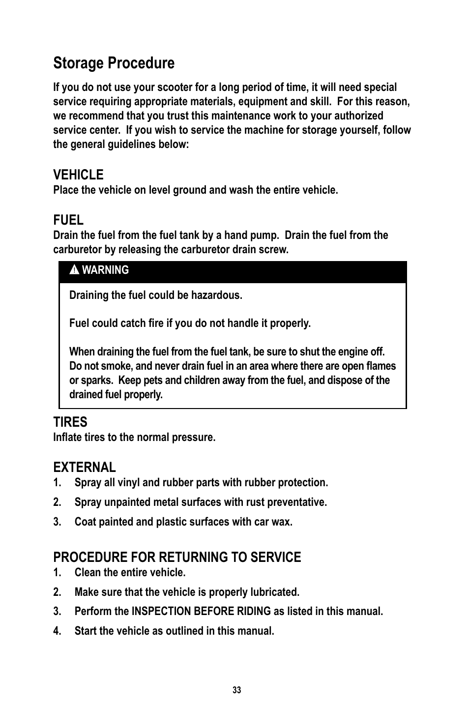 Storage procedure | Baja Motorsports RT50-R Operator's Manual User Manual | Page 36 / 45