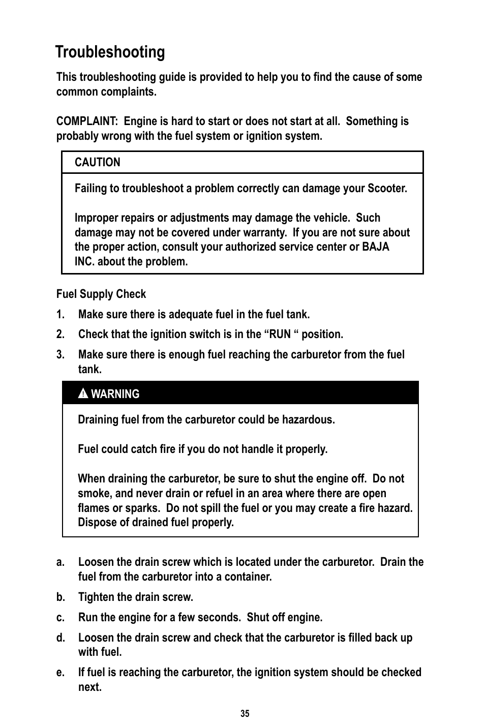 Troubleshooting | Baja Motorsports RT50-R Operator's Manual User Manual | Page 38 / 45
