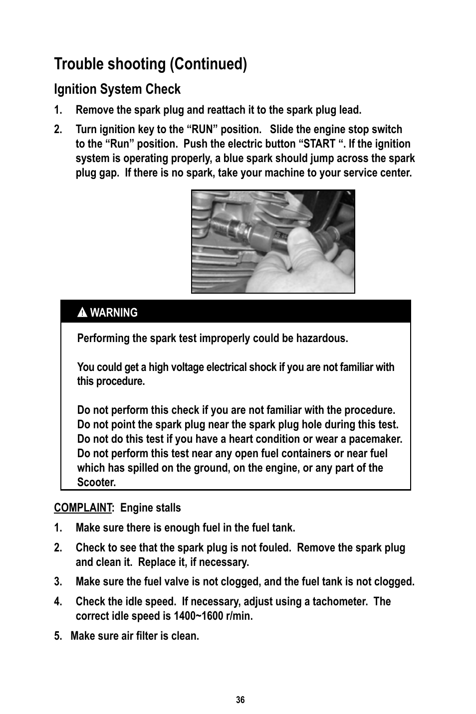 Trouble shooting (continued), Ignition system check | Baja Motorsports RT50-R Operator's Manual User Manual | Page 39 / 45