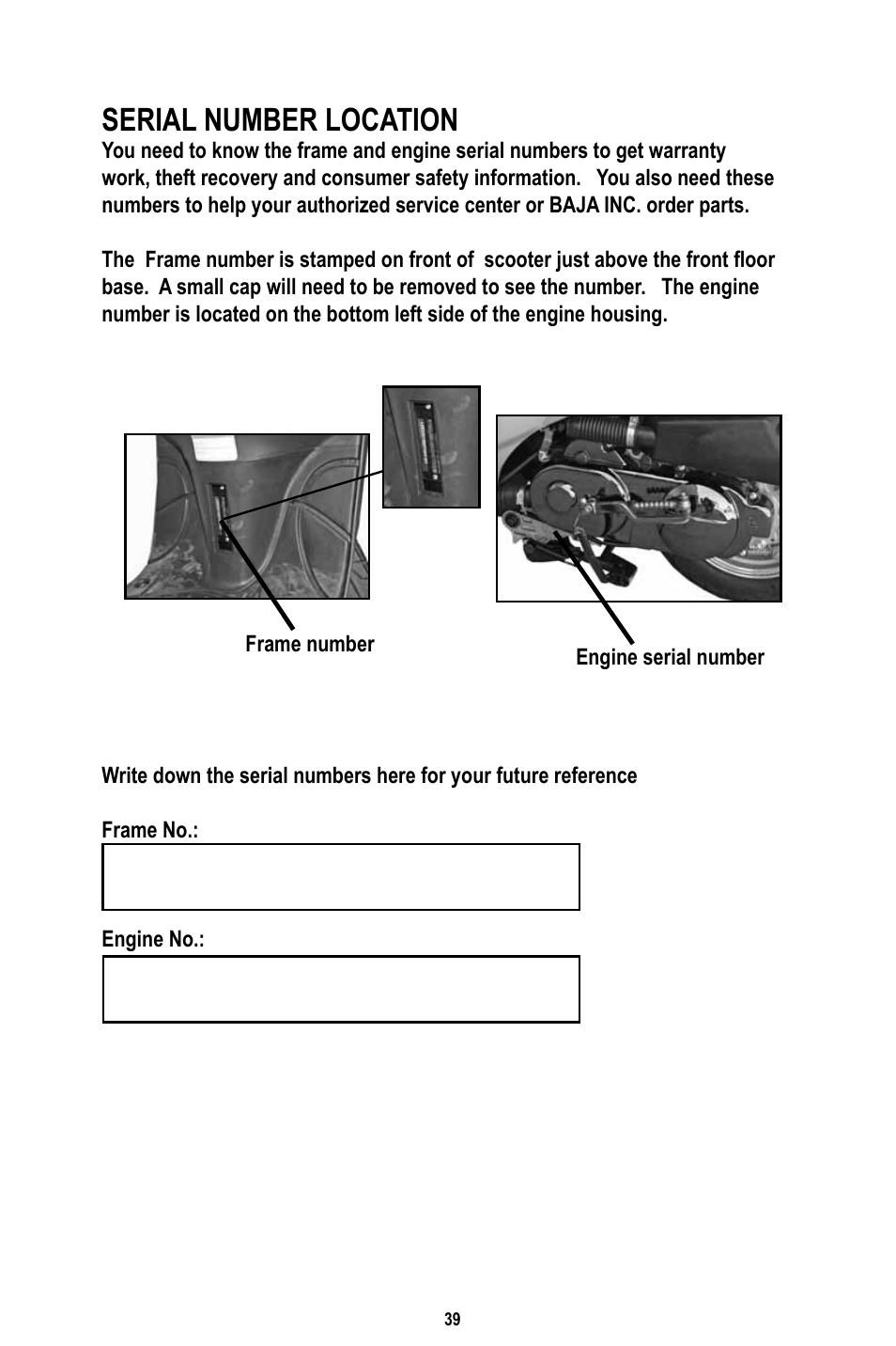 Serial number location | Baja Motorsports RT50-R Operator's Manual User Manual | Page 42 / 45