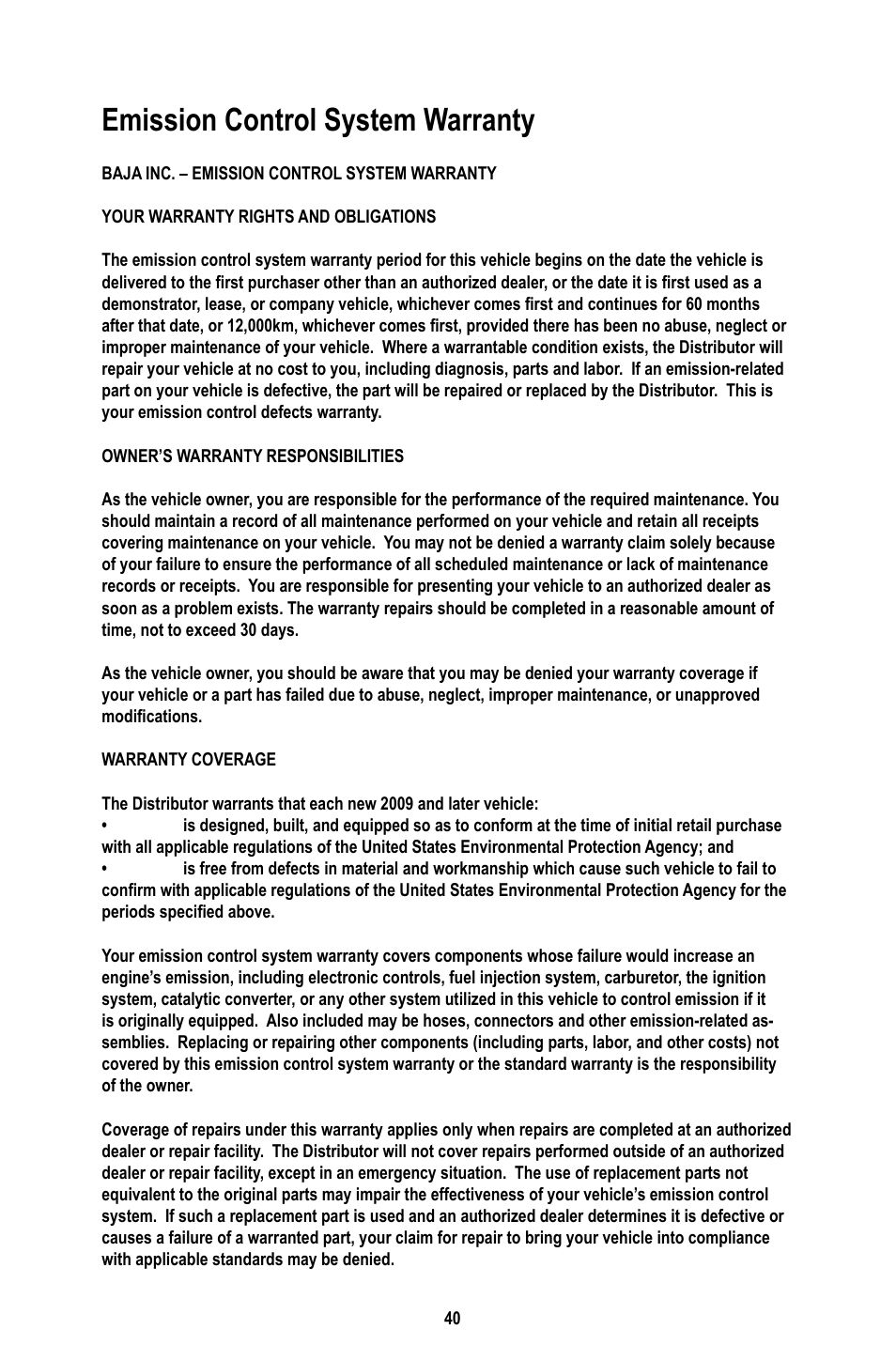 Emission control system warranty | Baja Motorsports RT50-R Operator's Manual User Manual | Page 43 / 45