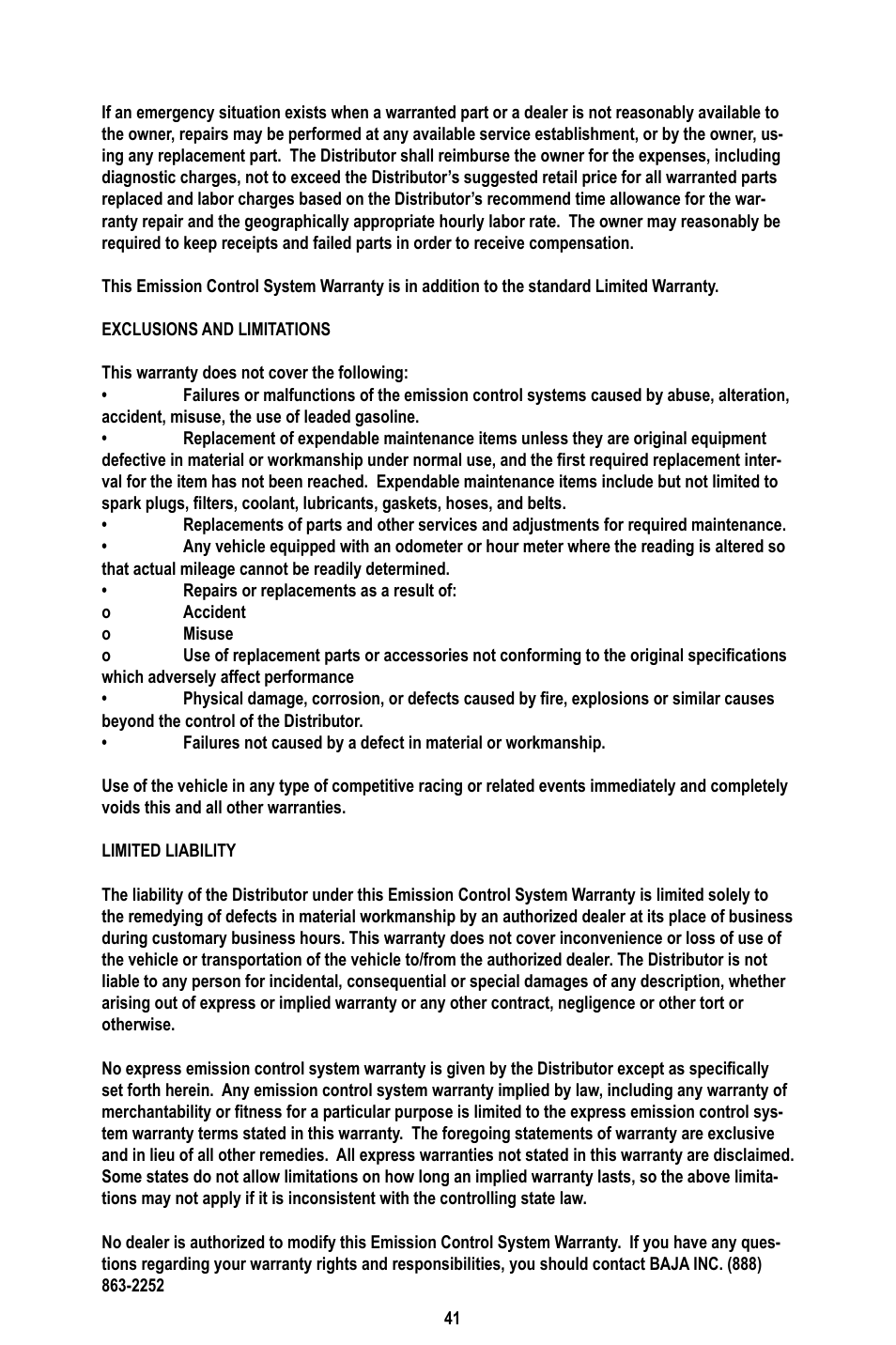 Baja Motorsports RT50-R Operator's Manual User Manual | Page 44 / 45