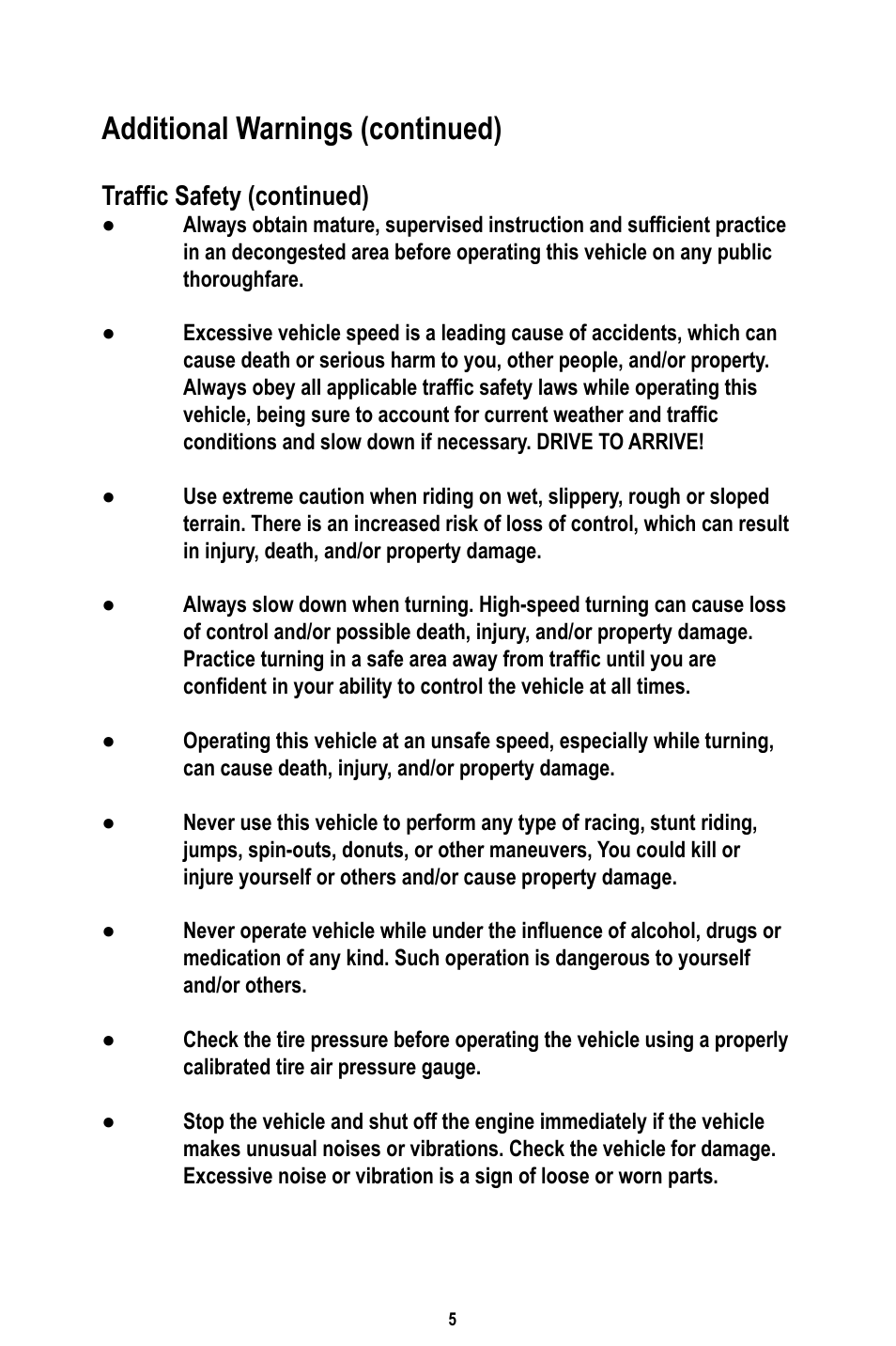 Additional warnings (continued), Traffic safety (continued) | Baja Motorsports RT50-R Operator's Manual User Manual | Page 8 / 45