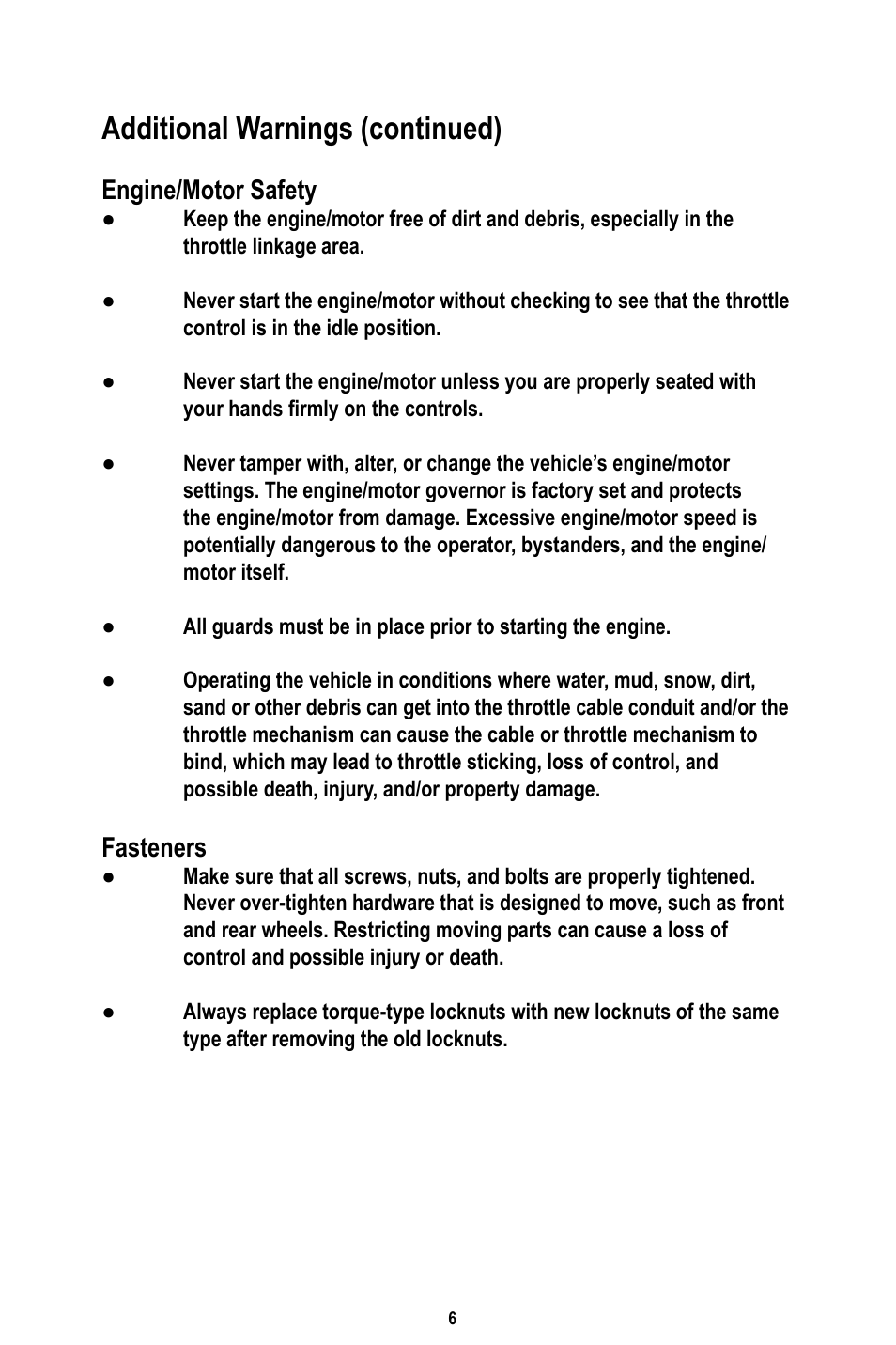 Additional warnings (continued), Engine/motor safety, Fasteners | Baja Motorsports RT50-R Operator's Manual User Manual | Page 9 / 45