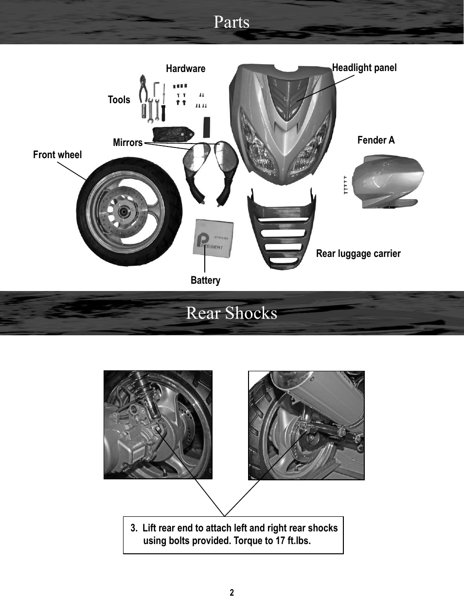 Parts, Rear shocks | Baja Motorsports SC150 Assembly Guide User Manual | Page 2 / 11