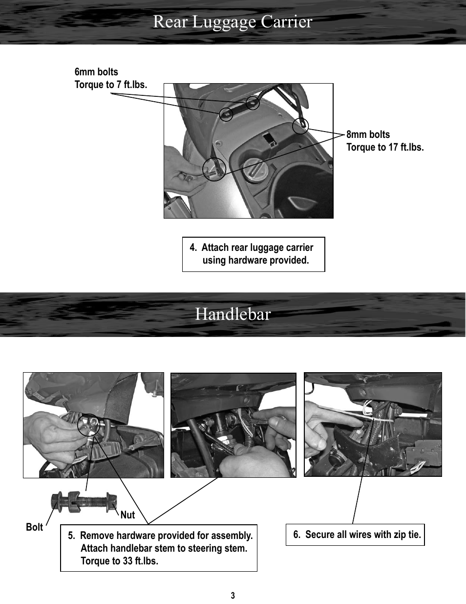 Rear luggage carrier, Handlebar | Baja Motorsports SC150 Assembly Guide User Manual | Page 3 / 11