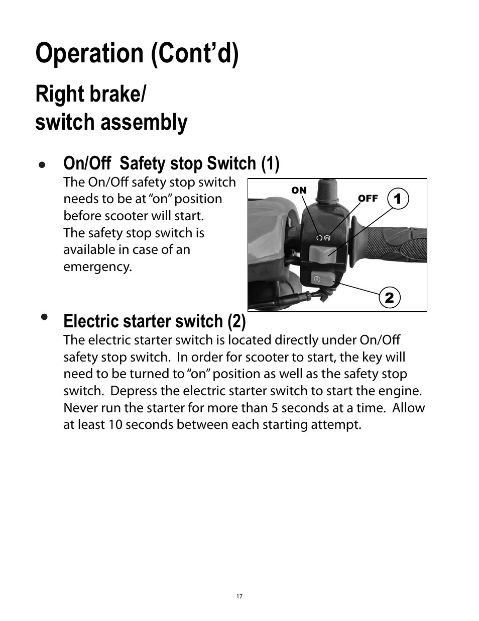 Operation (cont’d), Right brake/ switch assembly, On/off safety stop switch (1) | Electric starter switch (2) | Baja Motorsports SC50P User Manual | Page 20 / 42