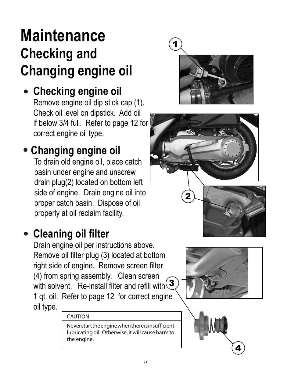 Maintenance, Checking and changing engine oil, Changing engine oil | Checking engine oil, Cleaning oil filter | Baja Motorsports SC50P User Manual | Page 24 / 42