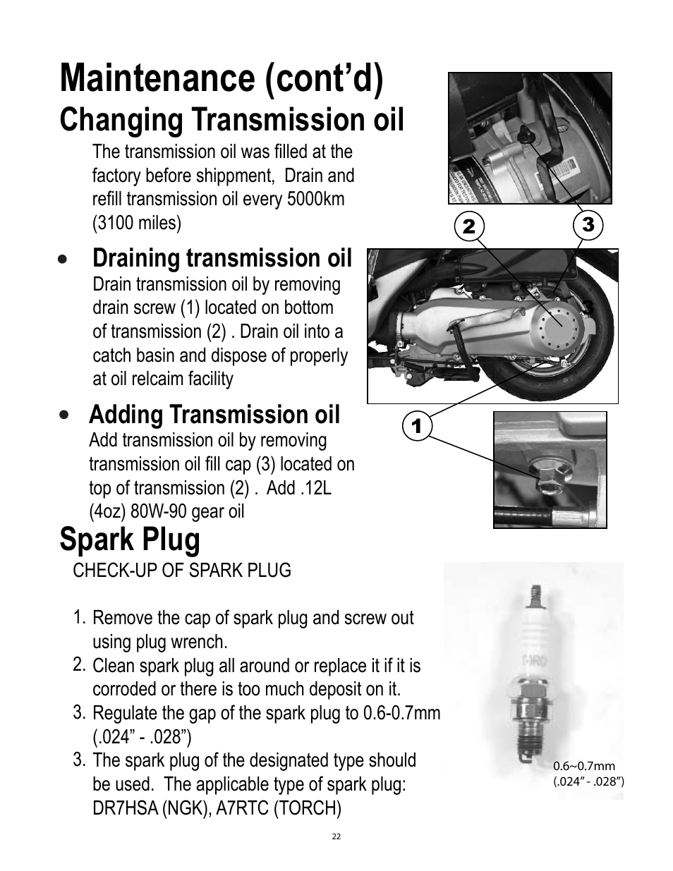 Maintenance (cont’d), Changing transmission oil, Spark plug | Draining transmission oil, Adding transmission oil | Baja Motorsports SC50P User Manual | Page 25 / 42